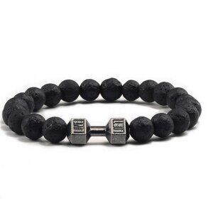 Men Women Beaded Bracelet Lava Stone Dumbbell Gym Stretch Elastic Motivational